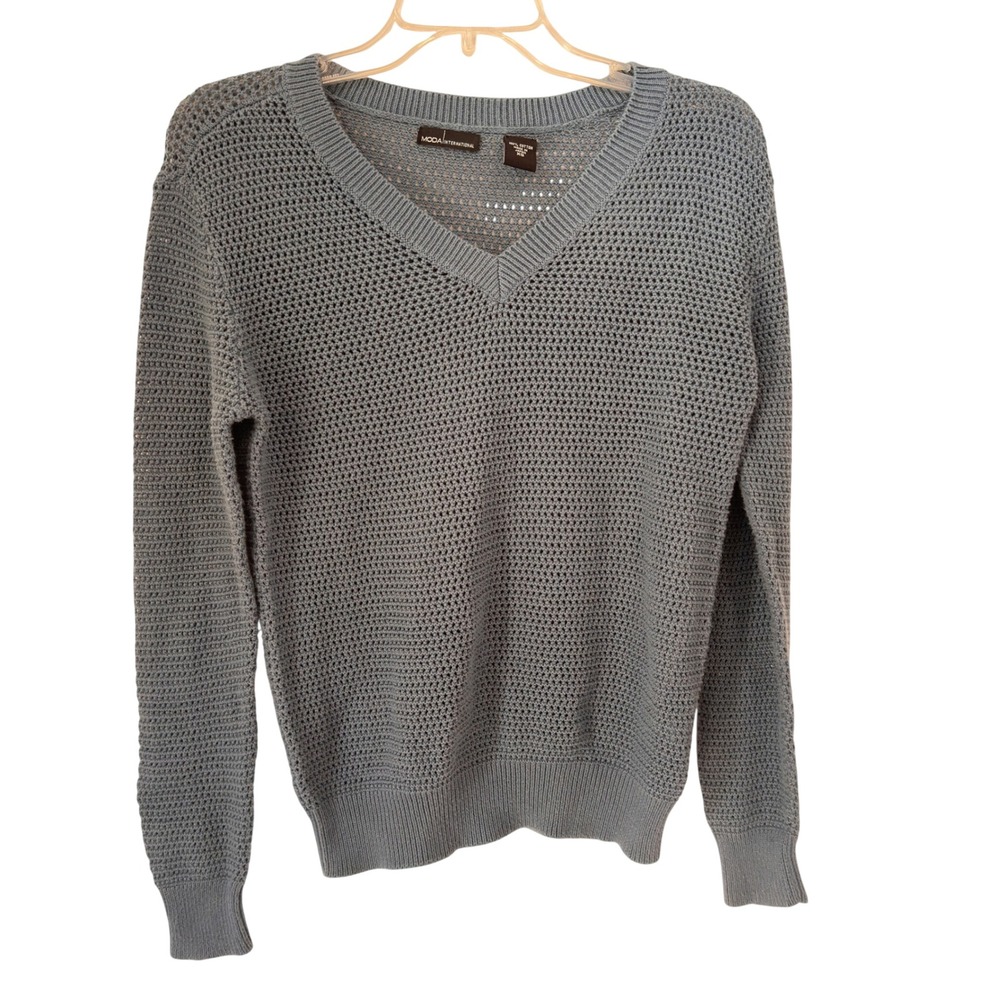 Moda International V-Neck Sweater Blue Cotton Mesh Crochet Knit XS